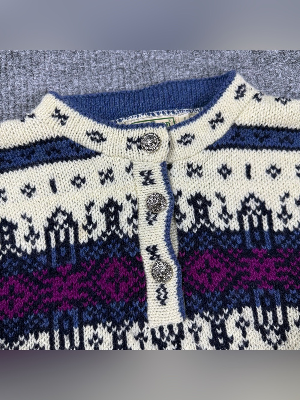 VTG L.L. Bean 1/4 Button Knit Sweater Henley Fairisle Pattern Wool USA Womens M